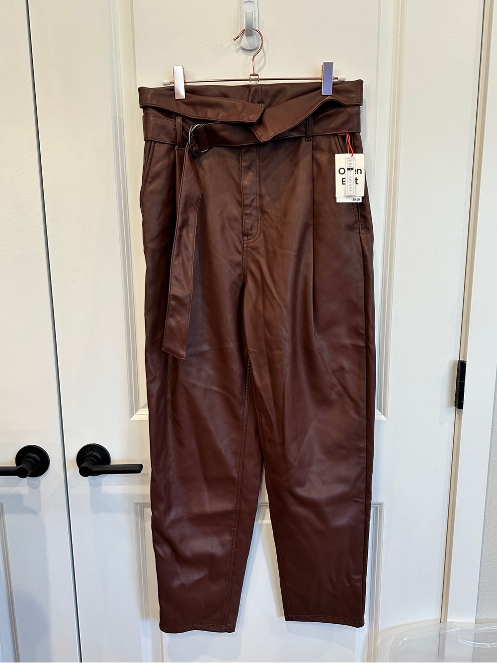 High-Waist Brown Faux Leather Paperbag Pants with Belt